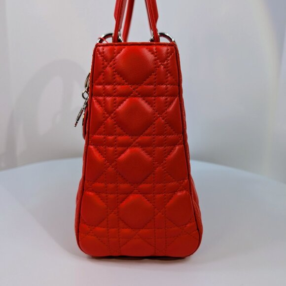Dior Lady Dior Bright Red-Orange Quilted Lambskin and Charm - Picture 5 of 16